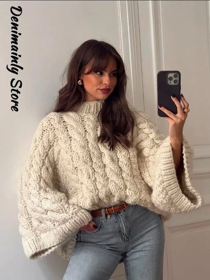 Casual Twists Stricken Oversize-Pullover Frauen Oansatz Lange Flare Hülse Lose Solide Pullover 2025, Herbst Winter Vintage Pullover