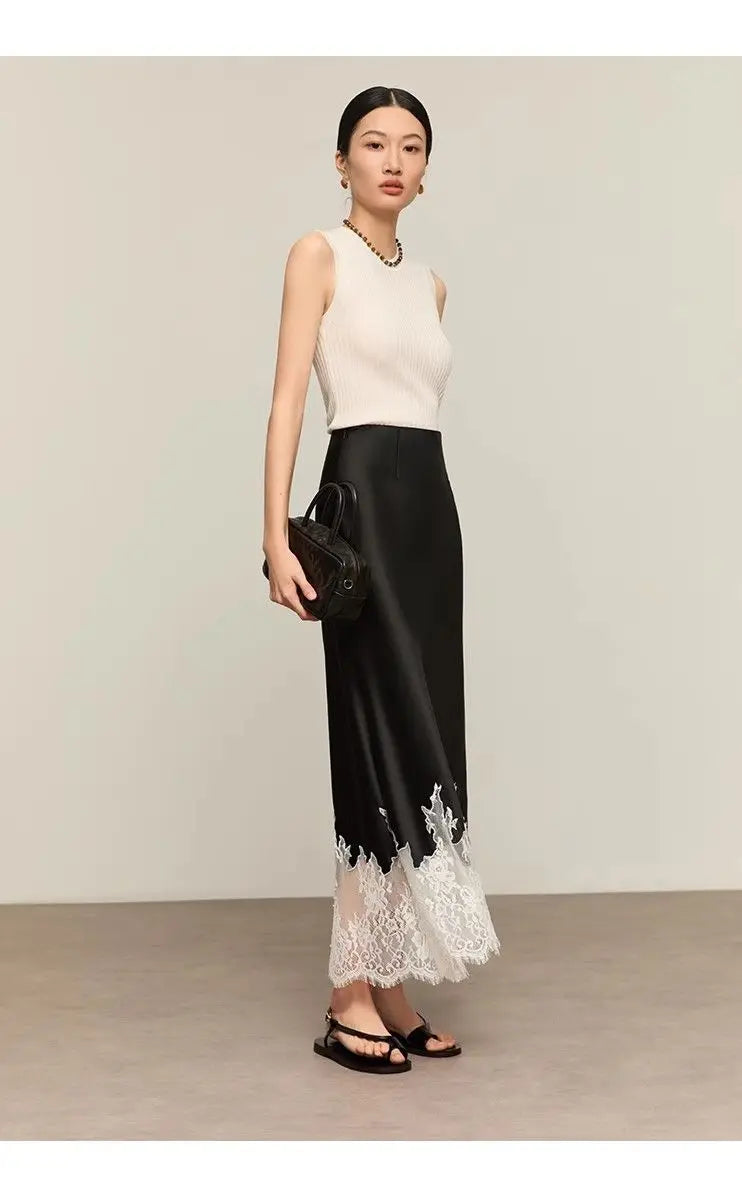 Mia Girl Elegant Satin Long Skirts for Women Oversize Lace Patchwork High Waist A-line Skirt French Style Summer Chic Lady Skirt.