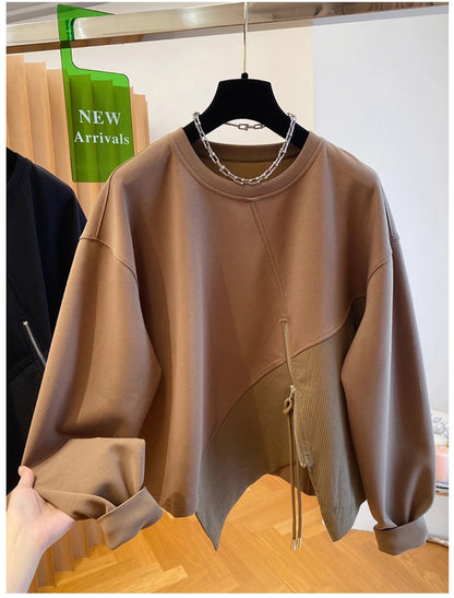 Autumn and Winter Women's Pullover Round Neck Hoodie Lazy Style Splicing Design Loose Long Sleeve Tops.