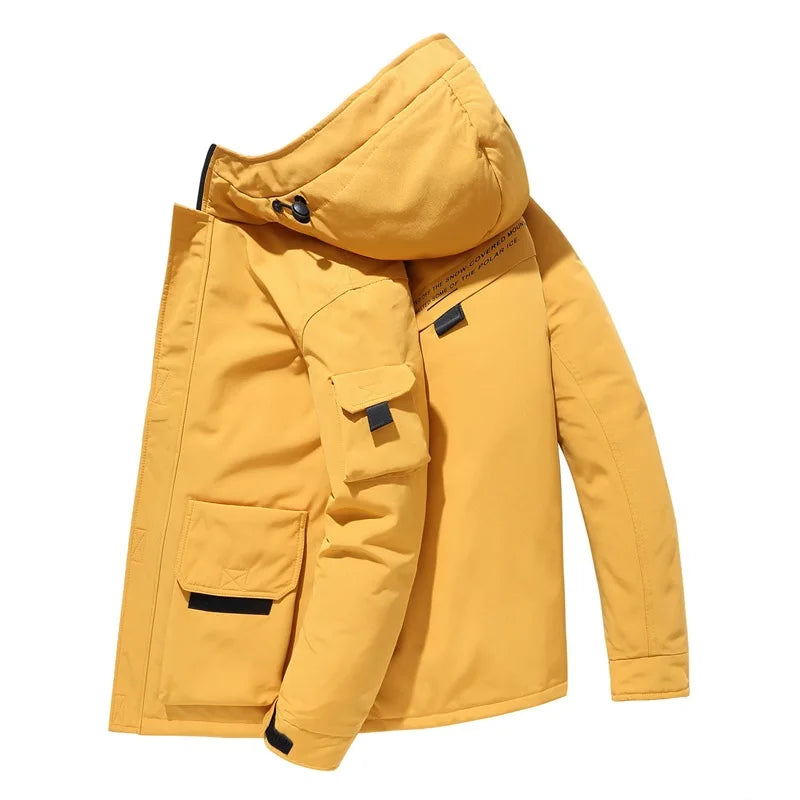 2025 new men's workwear down jacket, winter hooded warm jacket, multi pocket windproof down jacket, trendy down jacket.