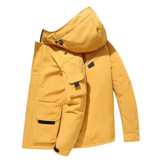 2025 new men's workwear down jacket, winter hooded warm jacket, multi pocket windproof down jacket, trendy down jacket.