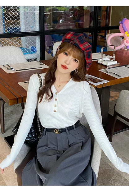 2025 Autumn Winter Women Sweaters Casual Slim Button Knitted Pullover Sweater Femme Basic Solid Jersey Tops Fashion Clothes