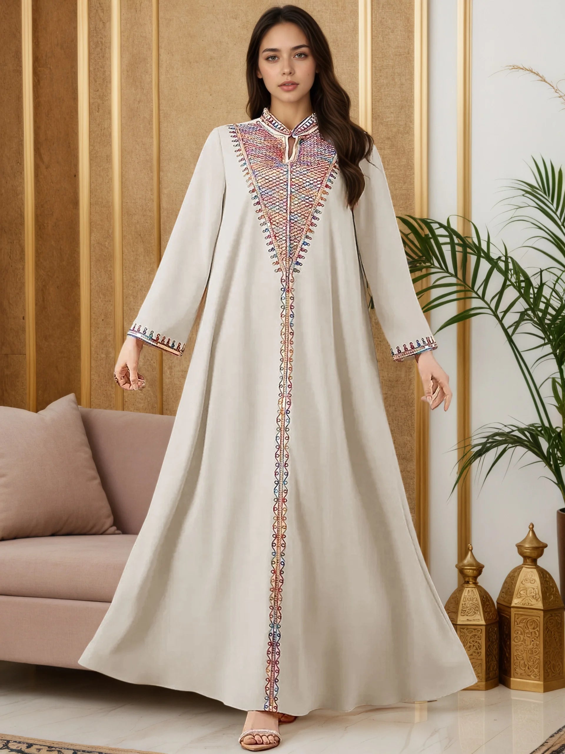 2025 New Luxury Muslim Abaya Off White Intricate Colorful Embroidery Detailing Ideal for Saudi Arabian Formal Gatherings Islam.