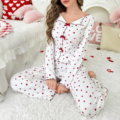 Autumn Winter Sleepwear for Women Two-piece Pajamas Set Heart-shaped Printed Long-sleeved Shirts and Long Pants Homewear.