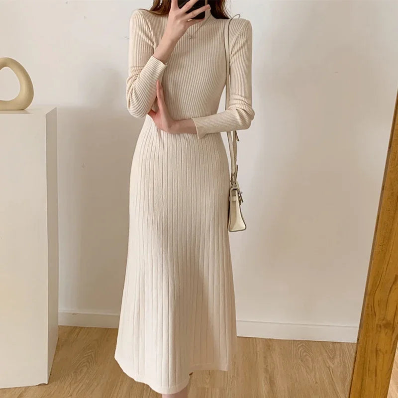 Herbst Winter schlankes Langarm Party Midi Kleid für Frauen gestrickt halbhohen Kragen elegante Strick pullover Kleider Damen