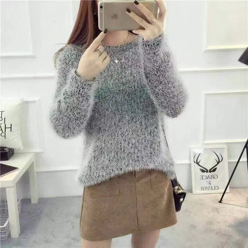Pullover 2019 Herbst Winter Frauen Oansatz Pullover Lose Gestrickte Damen Pullover Weibliche größe Casual Einfarbig Plüsch Pullover.