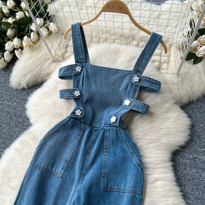 Jumpsuits Women Denim Suspender Jeans One Piece Wide Leg Pants Washed Mom Distressed Pockets Trousers Summer 2025 Streetwear.