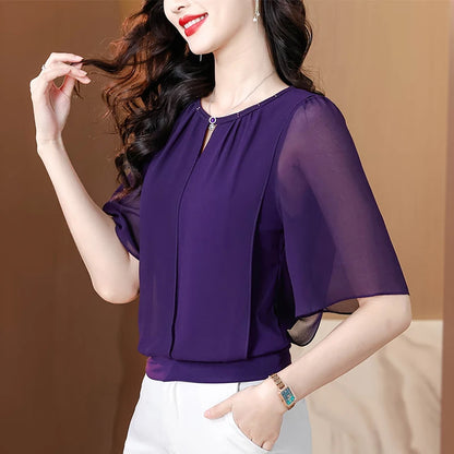Summer Clothing Half Sleeve Chiffon Blouse 2025 New Fashion Loose Women Tops Solid Color Casual Pullovers Shirt.