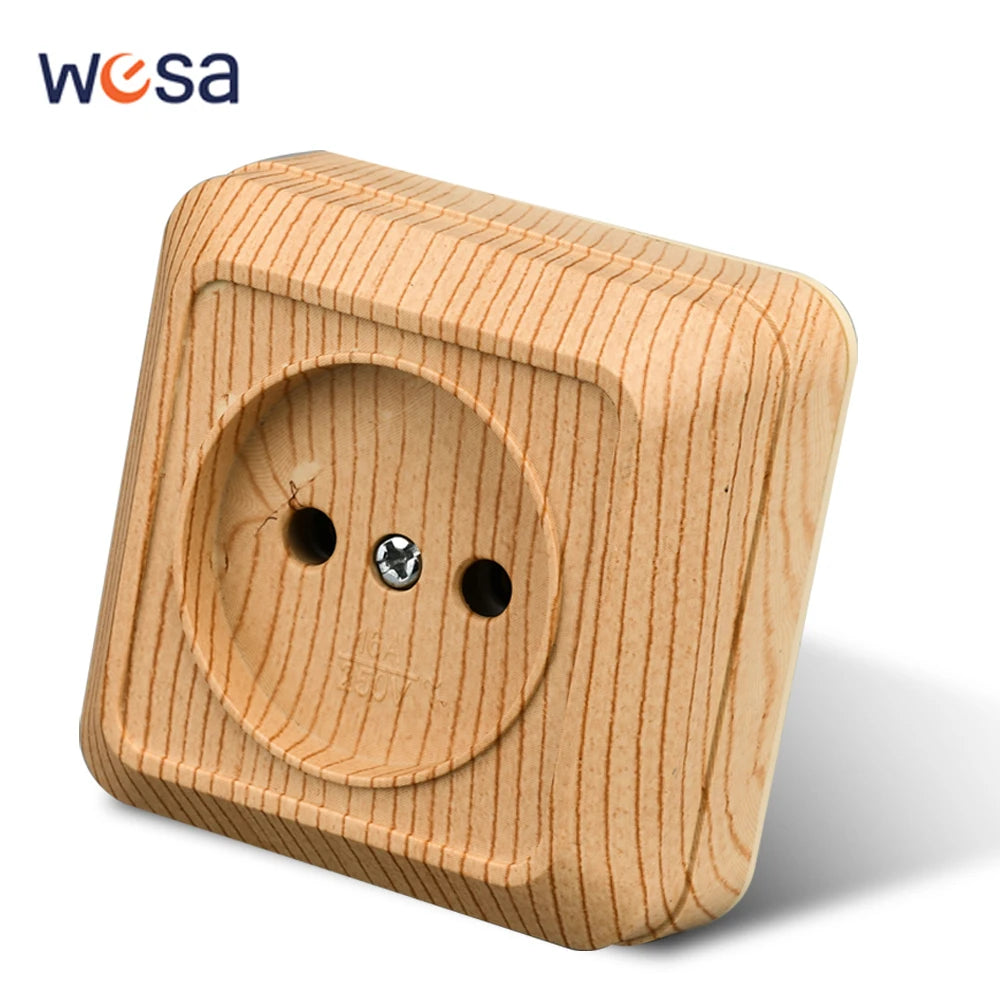 WESA Holz-Wandsteckdose, EU-Standard, Steckdose, Vintage-Imitation, Holzfarbe, Steckdose, flammhemmender Kunststoff.