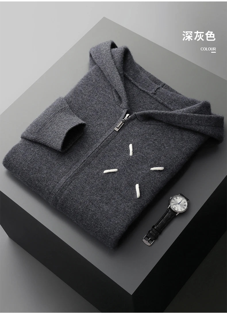 Men's 100% Cashmere Sweater Zipper Hooded Cardigan Warm Air Layer Thickened Jacket Jacquard Casual Knitted Wool Sweater.