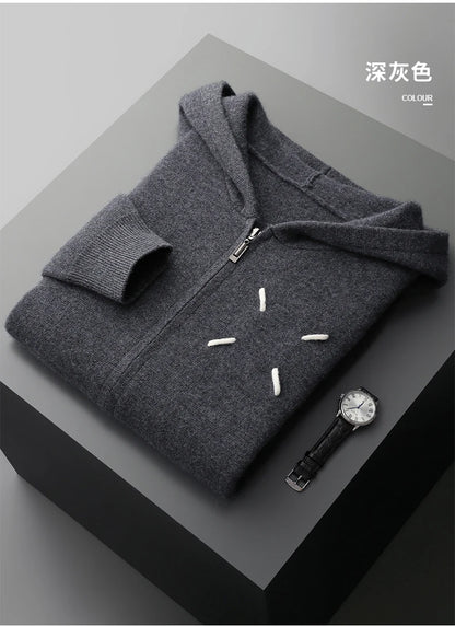 Men's 100% Cashmere Sweater Zipper Hooded Cardigan Warm Air Layer Thickened Jacket Jacquard Casual Knitted Wool Sweater.