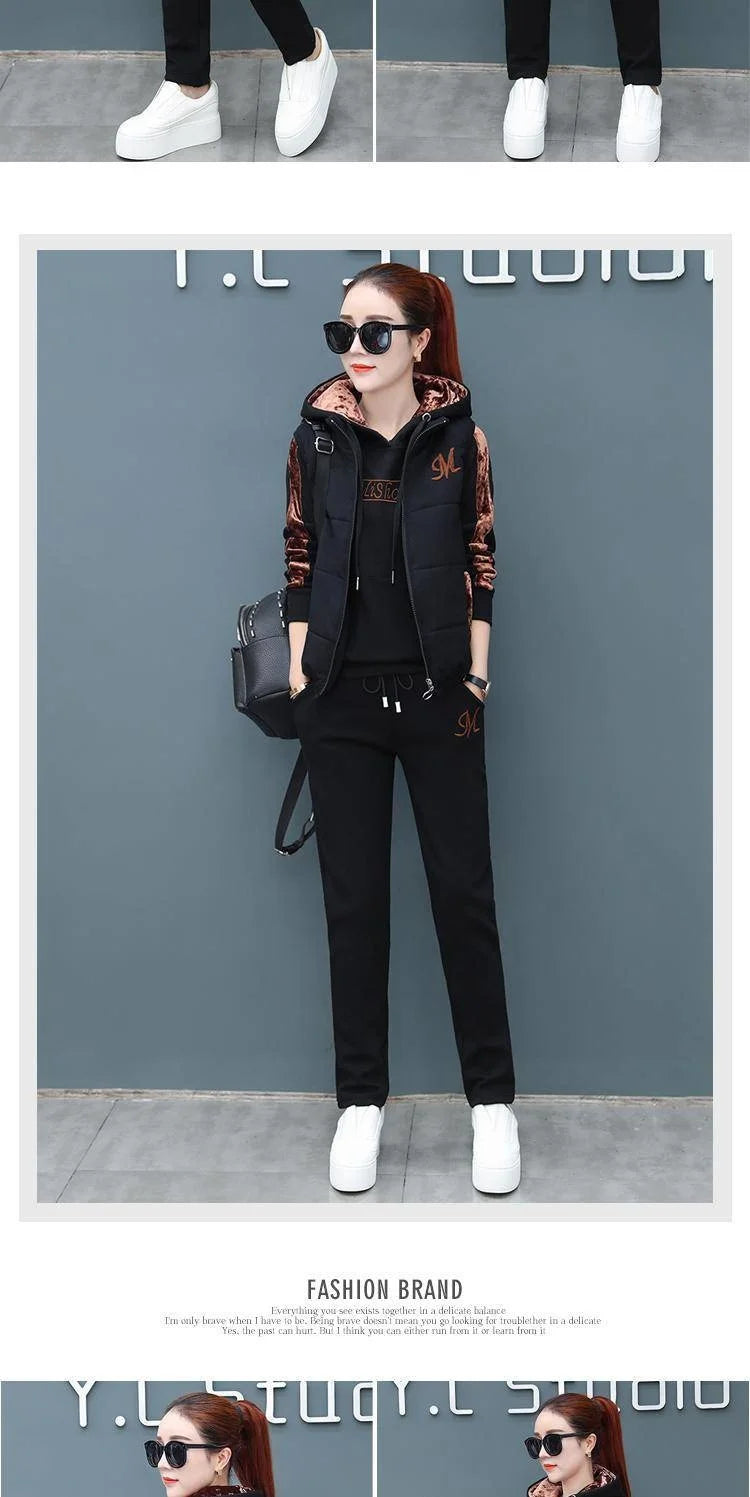 Women's Fashion Plush Thickened Sweat Suit 2025 Autumn Winter New Casual Hooded Tops Waistcoat Pants 3 Three Piece Set For Women.