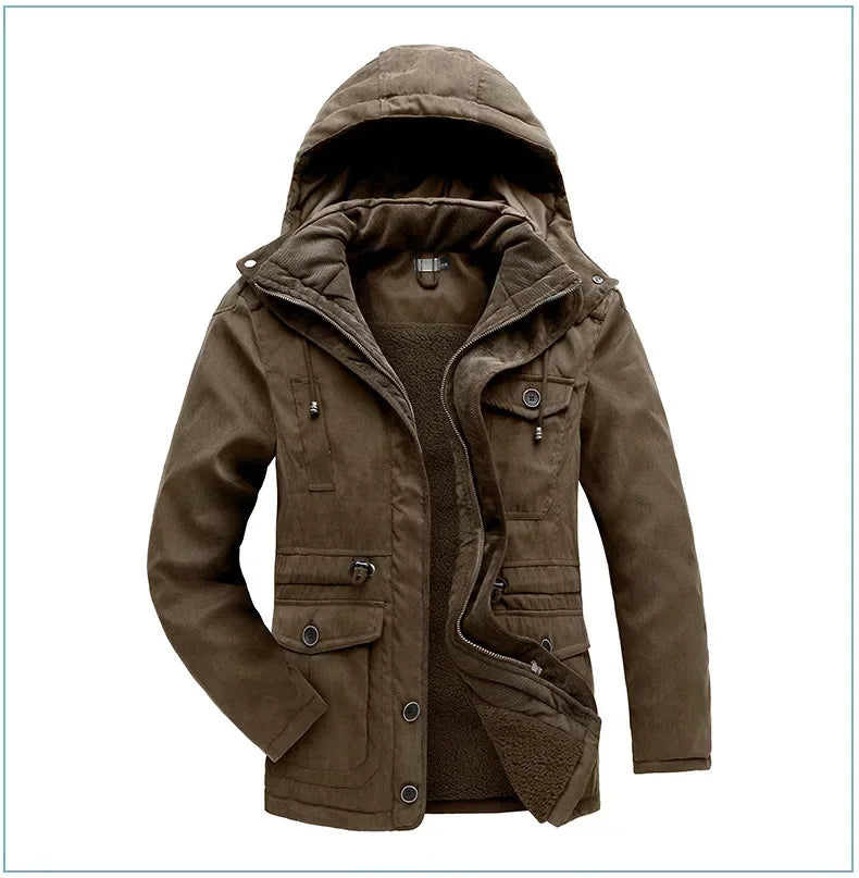 Men's Jacket WINTER USA SIZE Large SIZE Lamb Fleece JACKETS Hooded Cotton Thickened Multi Pocket Casual Mid length Coat