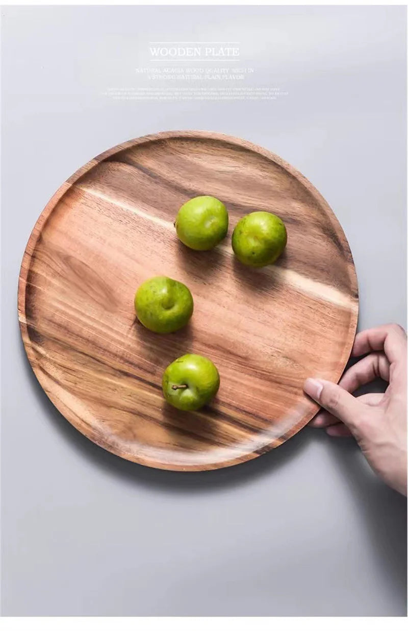 Wooden Tray Simple Round Serving Tray Retro Wood Plates Fruit Dessert Tray Snack Fruit Platter Food Plate Dish Storage Tray.