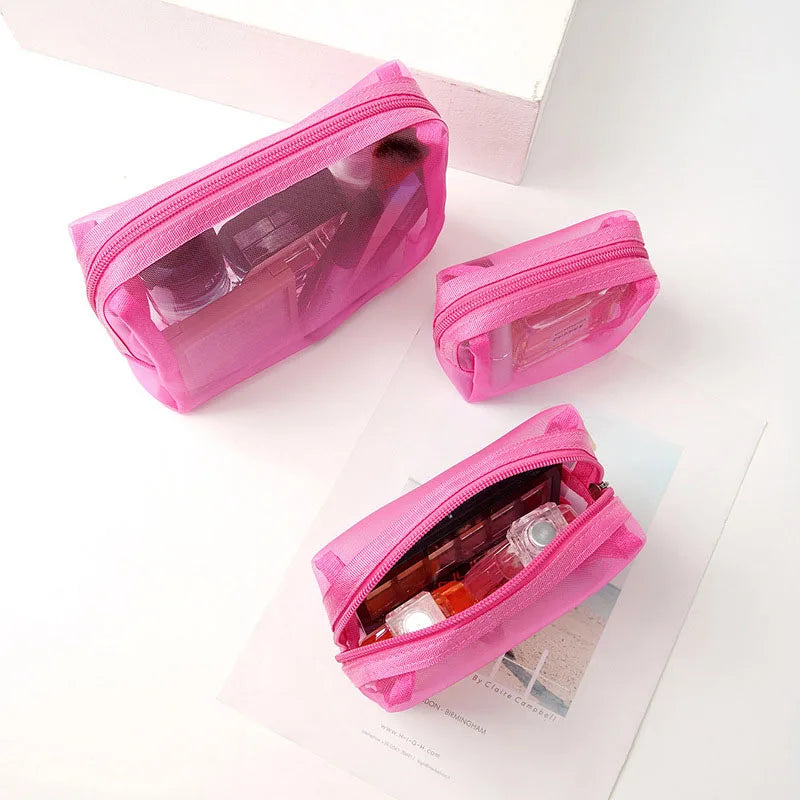 3Pcs/Set Small Large Cosmetic Bags Simple Mesh Storage Toiletry Bag PWomen Female Lightweight Transparent Makeup Bag with Zipper.