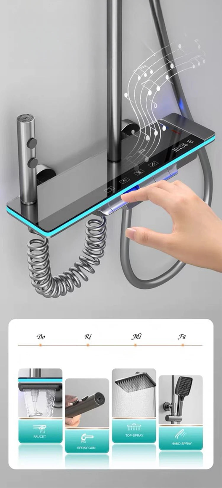 Bathroom Luxury Shower Faucet System with Lights Tempered Glass Shower Set Digital Display Copper Mixer Shower Faucet Set