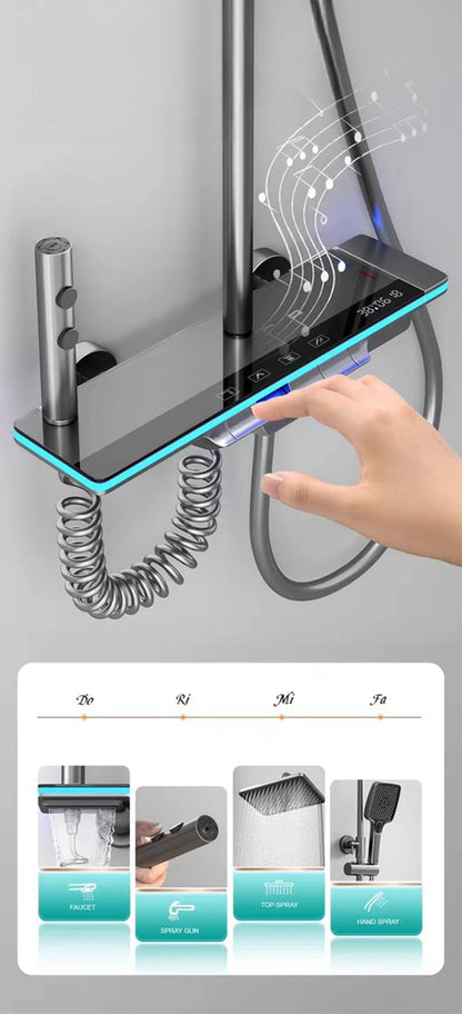 Bathroom Luxury Shower Faucet System with Lights Tempered Glass Shower Set Digital Display Copper Mixer Shower Faucet Set