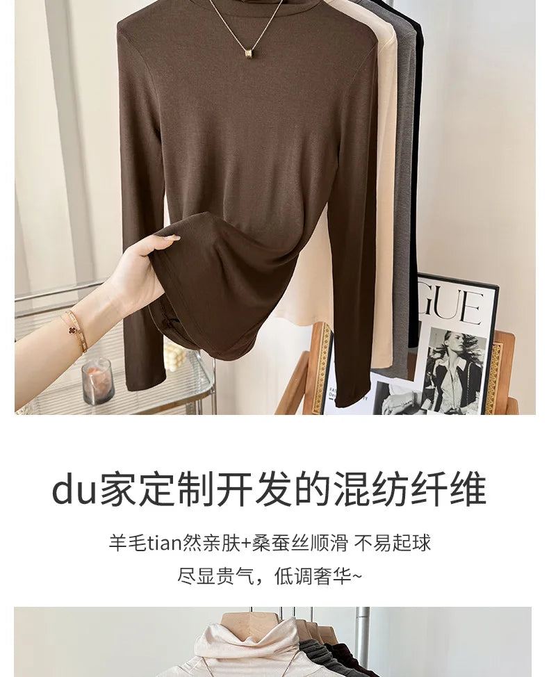 Yuyue Women's High-necked High Strecth Bottoming Shirt Old Money Style Silk Pile Collar Base Top Contain Mulberry Silk and Wool.