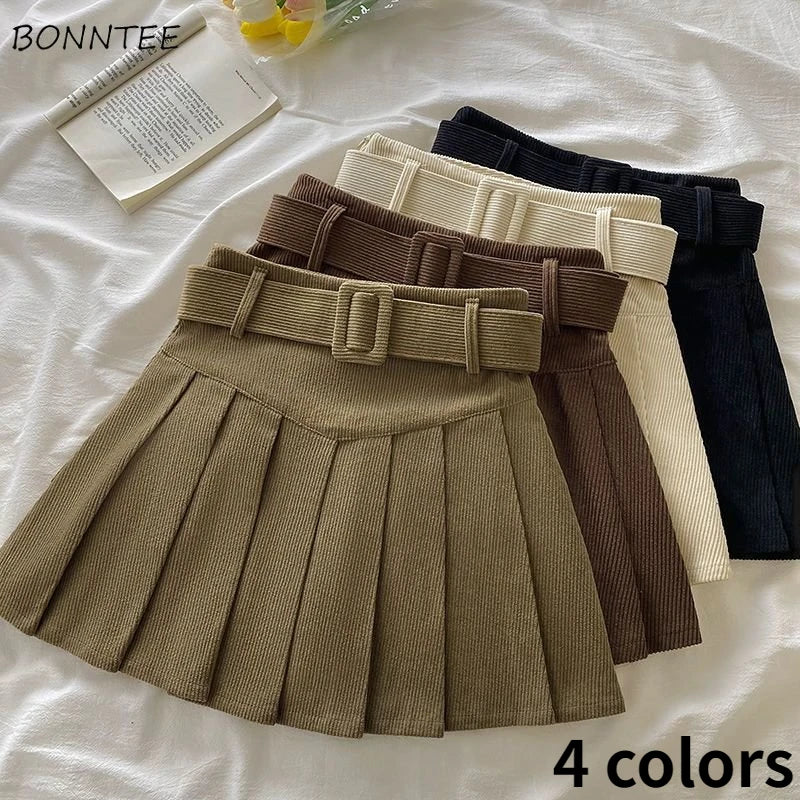 Pleated Mini Skirts Women Japan Students Corduroy Preppy Style Autumn Winter Basic Solid Bottoms Chic Vintage JK Slim All-match.
