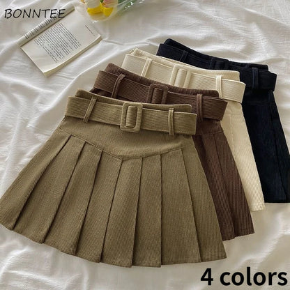 Pleated Mini Skirts Women Japan Students Corduroy Preppy Style Autumn Winter Basic Solid Bottoms Chic Vintage JK Slim All-match.