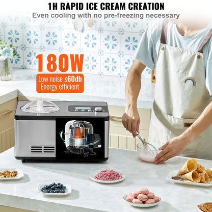 SucceBuy Automatic Ice Cream Maker with Built-in Compressor 2 Quart No Pre-freezing Fruit Yogurt Machine Electric Sorbet Maker.
