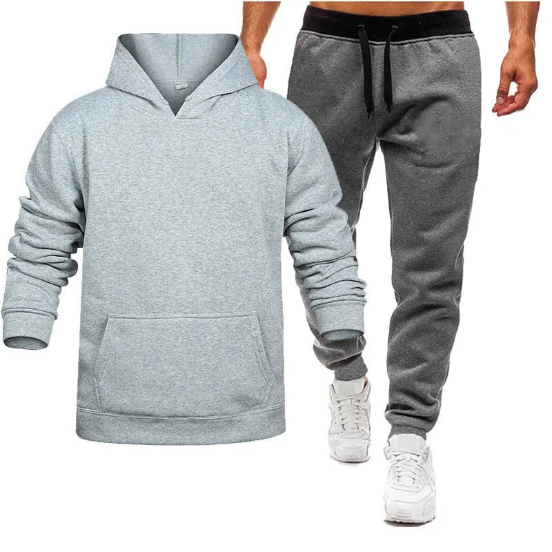 Men's Hooded Solid Color Pullover Set Two-Piece Sweater Sport Pants.
