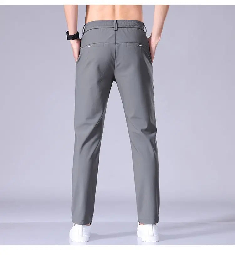 Ultra-thin Elastic Men's Casual Trousers Summer Quick-drying Ice Silk Slim Straight Business Solid Color Trousers Black Gray.