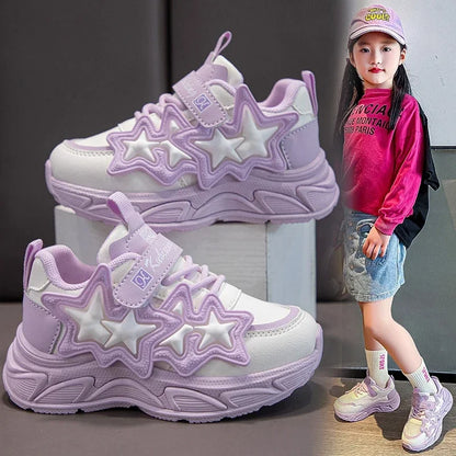 Children Casual Shoes for Girls Fashion Classic with Stars Girls Sports Running Sneakers Breathable PU + Rubber Anti-skid Soft.
