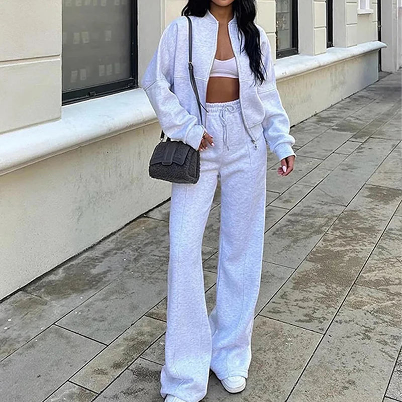 BKLD 2025 Casual Women's Tracksuit Sets Zip-up Loose Cropped Cardigan+Drawstring Sweatpants Solid Fashion Running Street Outfits.