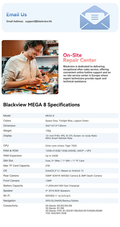 Blackview MEGA 8 [No EU Charger] Tablet 13 inch 90Hz 2K FHD+ Display 36GB(12+24) 512GB 11000mAh 50MP+13MP Android 15 Dual SIM 4G