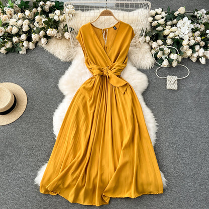 Französisch Vintage elegante Plissee Vneck Kleid A-Linie Mode Chiffon Frühling Herbst ärmellose Vestidos Frauen kleider.