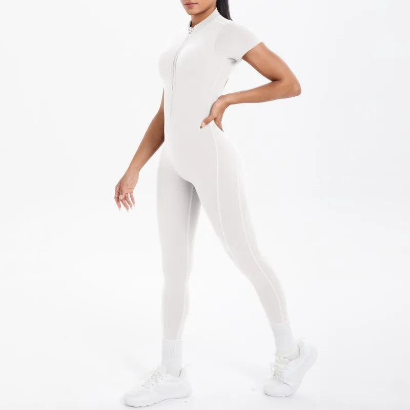 New Women's Yoga Jumpsuit Front Zipper Tight Back Hollow Out Short Sleeve-pants Activewear for Fitness Running Gym Workout.