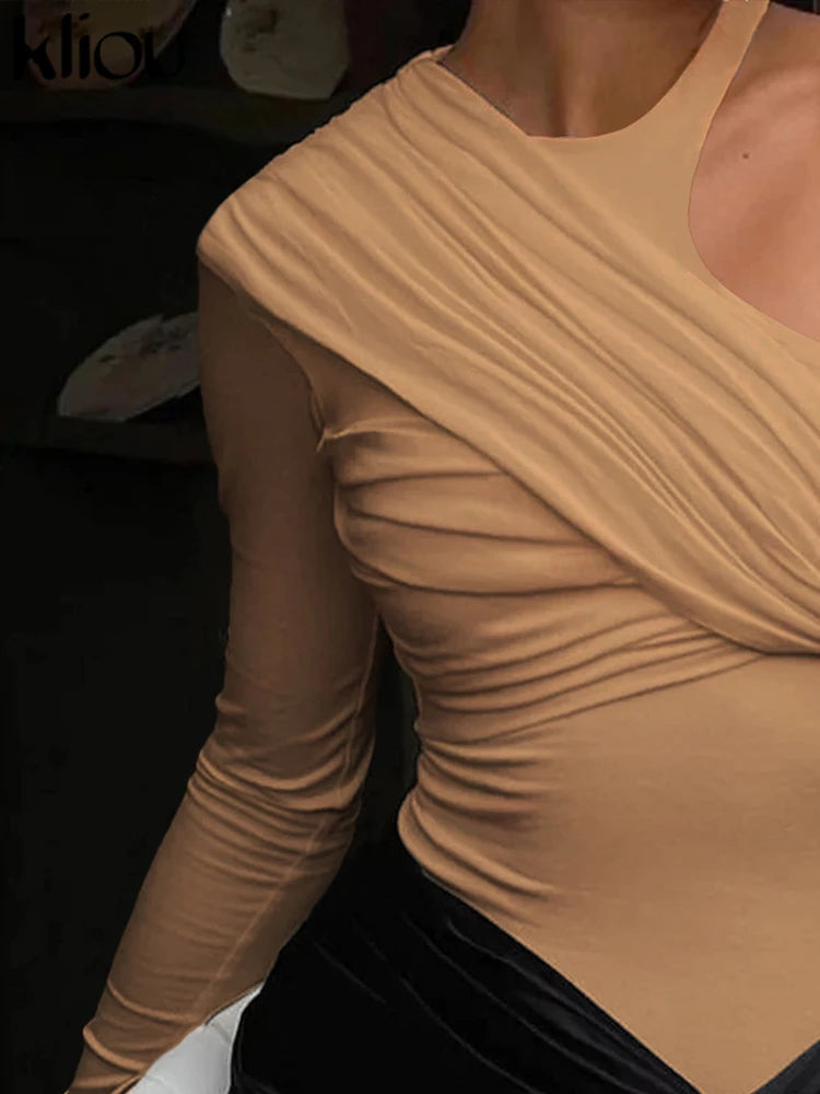 kliou Classic Solid Women Bodysuits Autumn All-matched Stacked Ruched Incline Shoulder Skinny Rompers Female Trend Street  Tops.