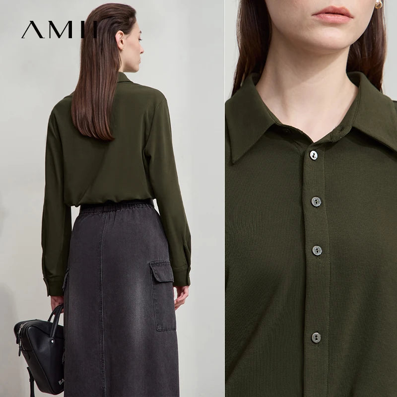 AMII Office Lady Shirt 2025 Autumn New Minimalism thick Long Sleeves Blouse Elastic Cotton Lapel Women's Clothing 12553079.