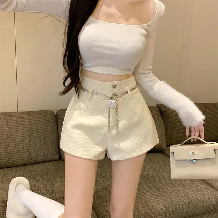 Winter Spring New Arrival Metal Buttons Tweed Shorts Women.