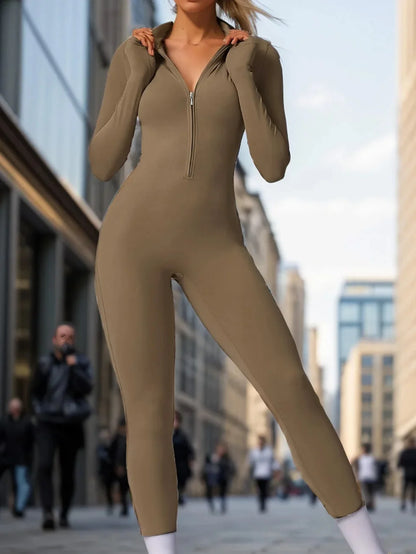 European And American Cross-Border Autumn Winter Zipper-Up Long Sleeve Yoga Onesie Women's Sports Fitness Seamless Bodysuit.