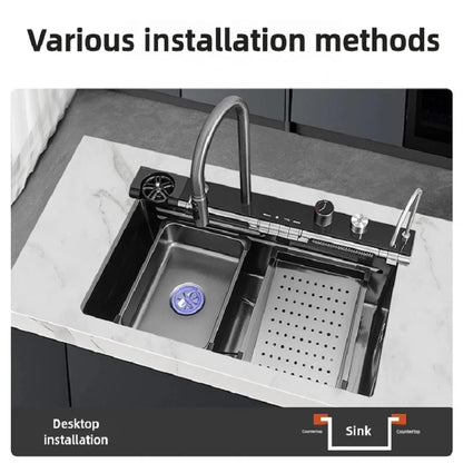 Stainless Steel Kitchen Sink Waterfall Faucet Large Single Sink Intelligent Dishwasher Sink Digital Display and Light Effects