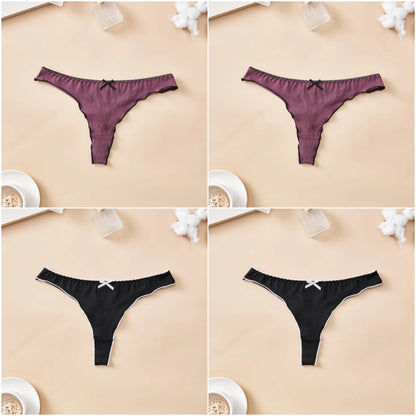 4pcs women's cotton solid color thong sexy comfortable women's underwear daily breathable T-back knitted bow cute girl low-waist.