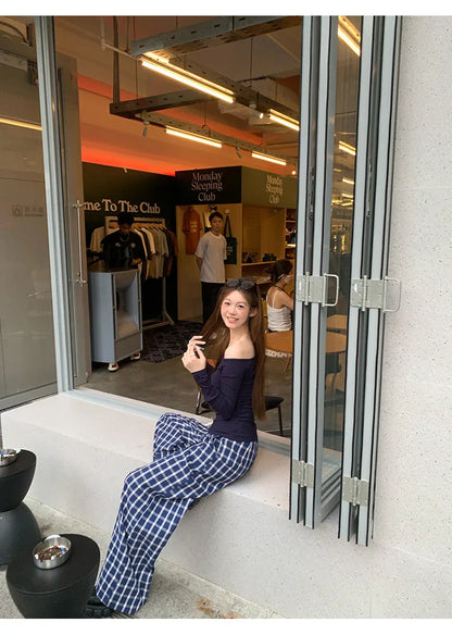 1pcs Spring Autumn Fashion Skew Collar Off-shoulder Long-sleeved T-shirts Women New Solid Slim Fit Sexy Tees Shirts Student Tops.