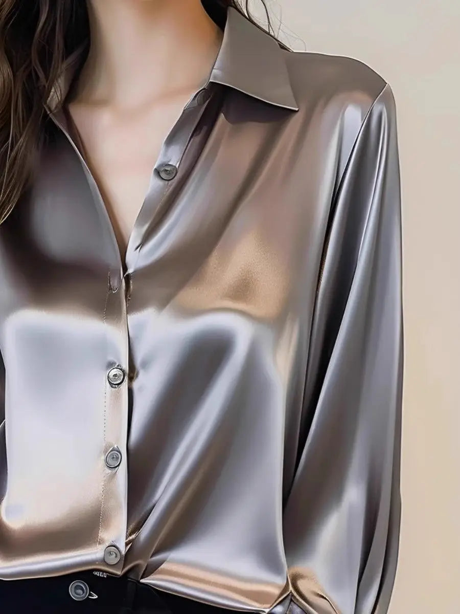 2025 Summer Women's Satin Shirts Elegant Plain Long Sleeve Blouse Office Lady Button-Up Shirt Top Female Shirts Blouse Autumn.