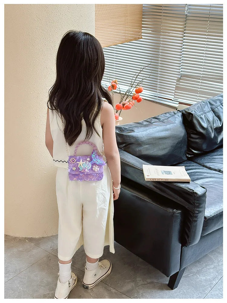 Lovely Sequin Girls Square Shoulder Bag Fish Tail Starfish Princess Crossbody Bags Bead Handle Children's Small Handbags Purse.