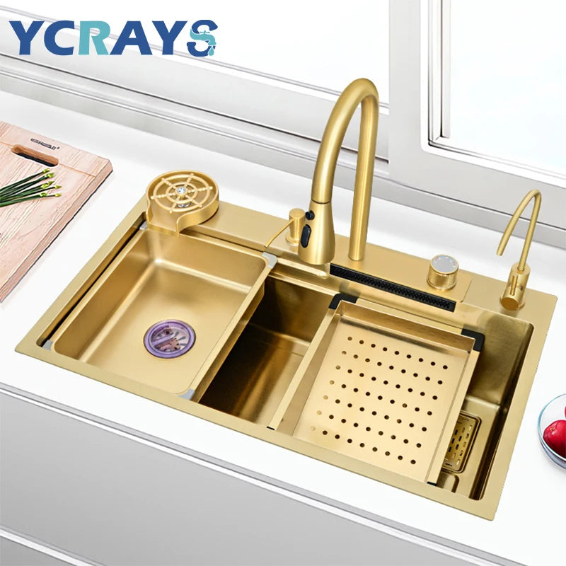 YCRAYS Golden Nano Multifunctional Kitchen Sink 4 Mode Waterfall Faucet Large Single Bowl Soap Dispenser Pure Tap Cup Washer