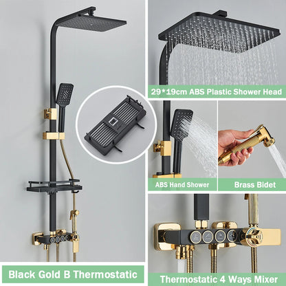 Black Thermostatic Shower Faucet Set For Bathroom Smart Display Hot Cold Water Mixer Tap Wall Mounted Rainfall System With Bidet