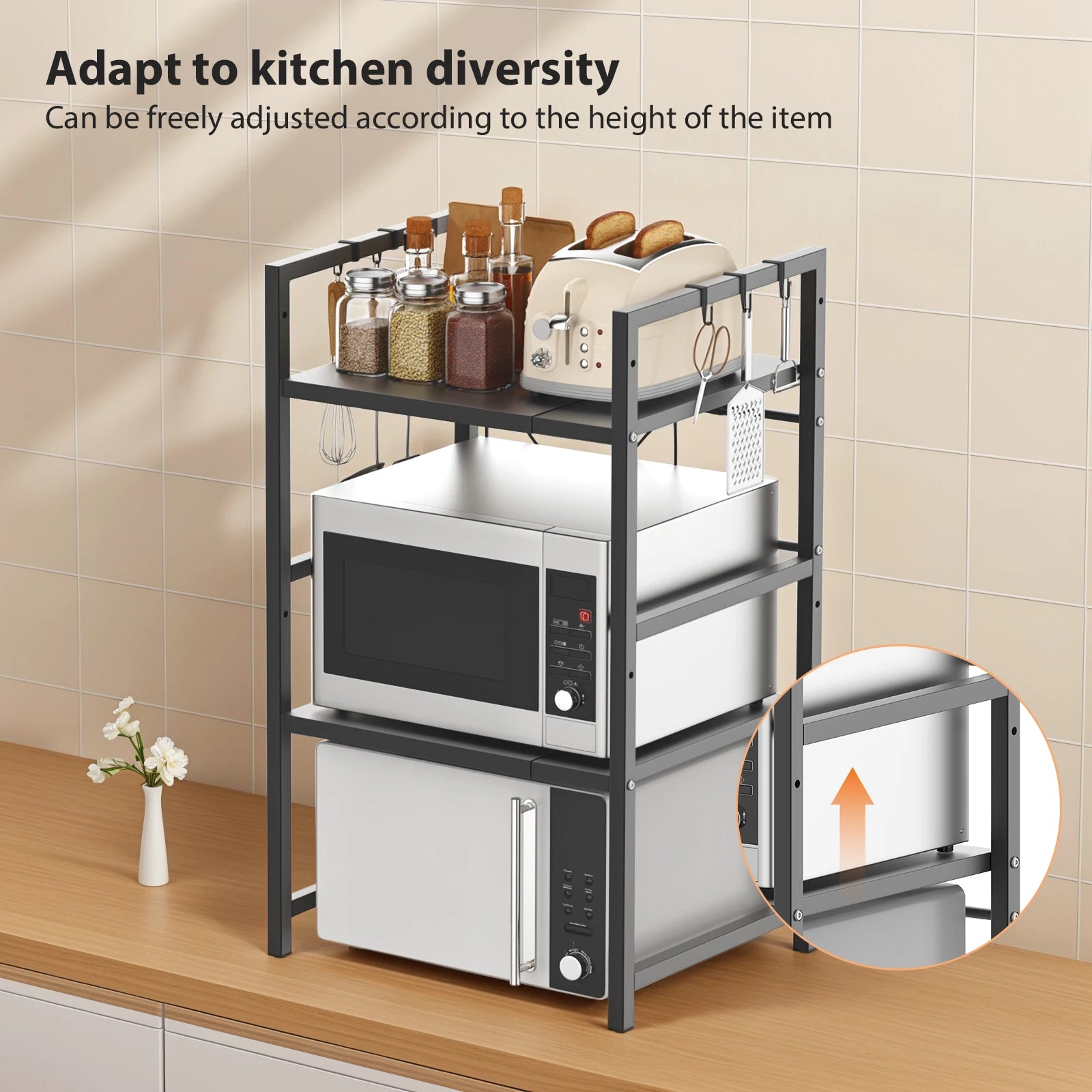 Kitchen Storage Rack Metal Condiment Organizer Shelf Expandable Microwave Shelf Height Adjustable.