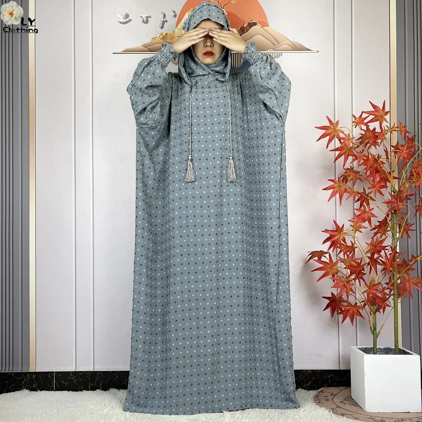 2024New Pure Cotton Ramadan Muslim Two-Hat Abaya Dubai Turkey Islam Prayer Clothes Loose Robe Islamic Women Traditional Clothing