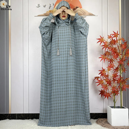 2024New Pure Cotton Ramadan Muslim Two-Hat Abaya Dubai Turkey Islam Prayer Clothes Loose Robe Islamic Women Traditional Clothing
