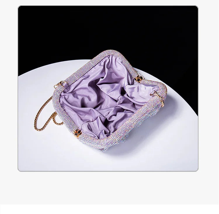 Premium Handmade Diamond-encrusted Clutch Bag Pleated Chain Rhinestone Cloud Clip Dinner Bag Single Shoulder Oblique Span Bolsos.