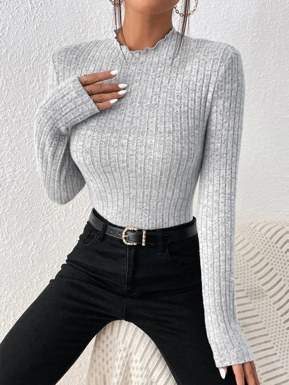 Fashion Slim Ruffle Neck Knit Long Sleeve Top, Lace Mid-Collar Women's Striped Bottom Shirt, Autumn and Winter Casual Sweater.