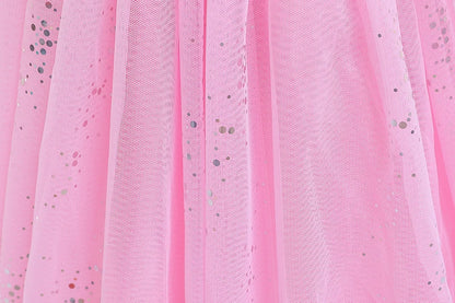 Mädchen rosa Pailletten Mesh Prinzessin Kleid, Mesh kurze Ärmel, mit Umhang, geeignet für Party, Tanz, Performance, Karnevals kleid