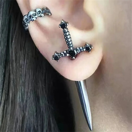 2pcs Gothic Kinitial Sword Stud Earrings,Vintage Cool Punk Crystal Goth Dagger Ear Piercing Jewelry Suitable for Daily Give Gift.